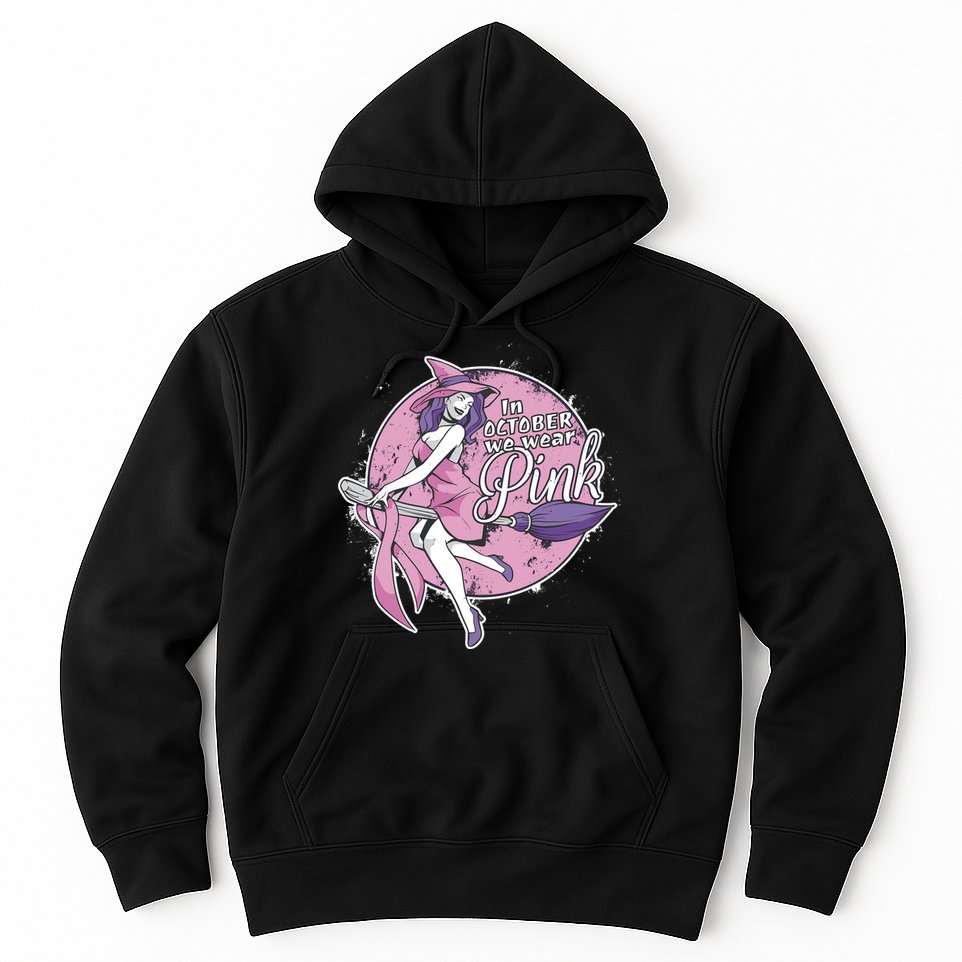 In October We Wear Pink Breast Cancer Witch Halloween Hoodie