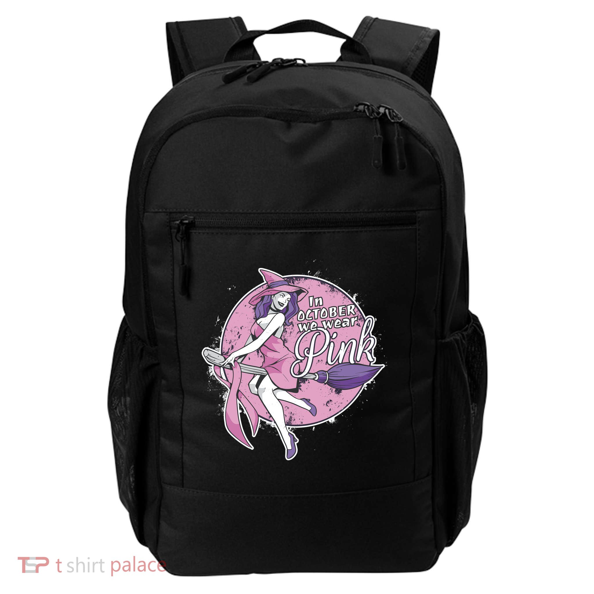 In October We Wear Pink Breast Cancer Witch Halloween Backpack