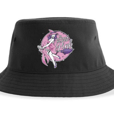 In October We Wear Pink Breast Cancer Witch Halloween Sustainable Bucket Hat