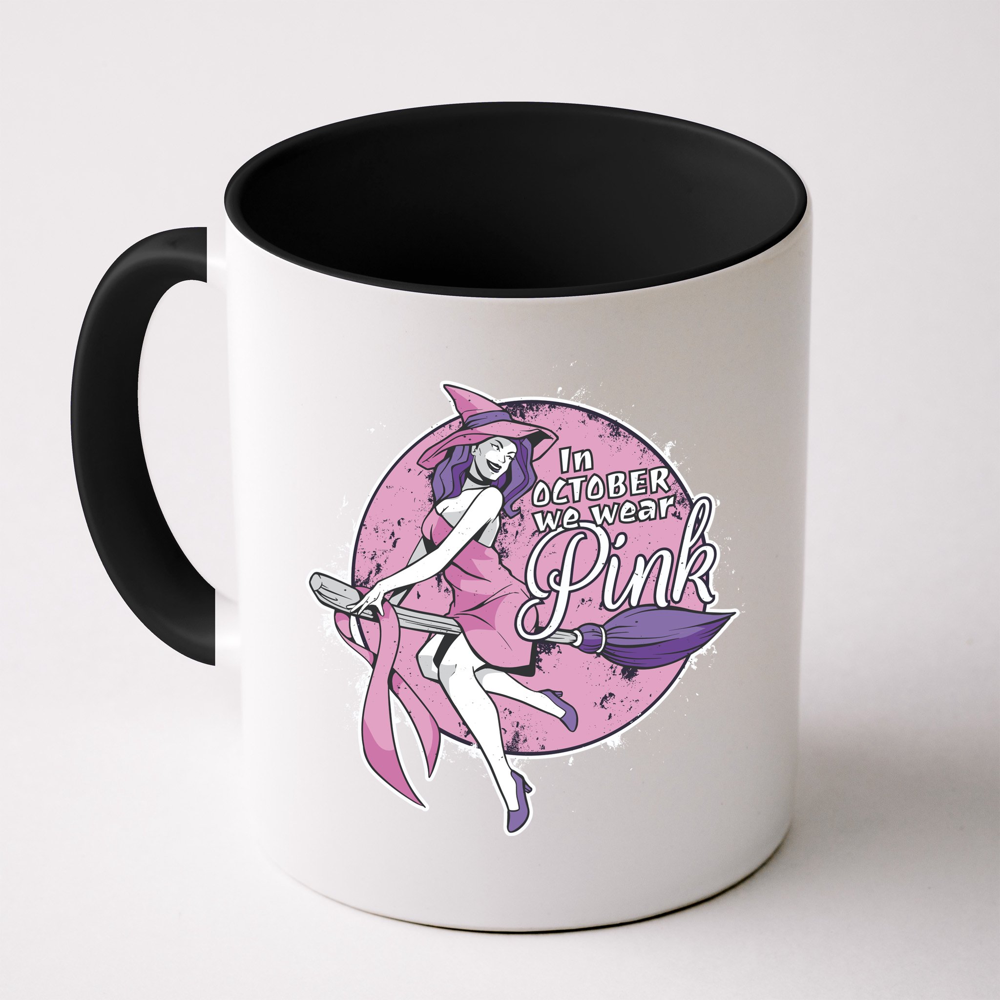 In October We Wear Pink Breast Cancer Witch Halloween Mug