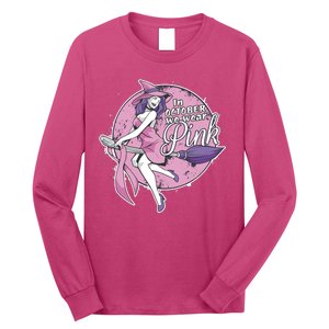 In October We Wear Pink Breast Cancer Witch Halloween Long Sleeve Shirt