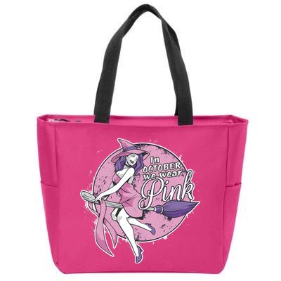 In October We Wear Pink Breast Cancer Witch Halloween Zip Tote Bag