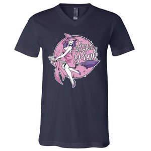 In October We Wear Pink Breast Cancer Witch Halloween V-Neck T-Shirt