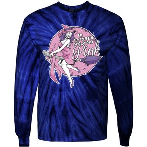 In October We Wear Pink Breast Cancer Witch Halloween Tie-Dye Long Sleeve Shirt