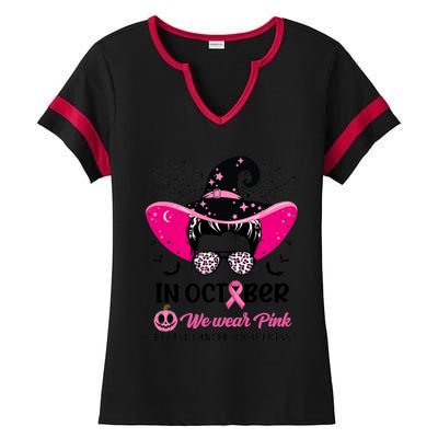 In October Wear Pink Breast Cancer Awareness Witch Halloween Costume Ladies Halftime Notch Neck Tee