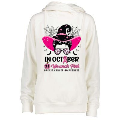 In October Wear Pink Breast Cancer Awareness Witch Halloween Costume Womens Funnel Neck Pullover Hood