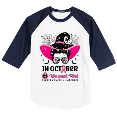 In October Wear Pink Breast Cancer Awareness Witch Halloween Costume Baseball Sleeve Shirt