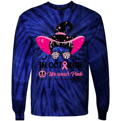 In October Wear Pink Breast Cancer Awareness Witch Halloween Costume Tie-Dye Long Sleeve Shirt