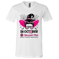 In October Wear Pink Breast Cancer Awareness Witch Halloween Costume V-Neck T-Shirt