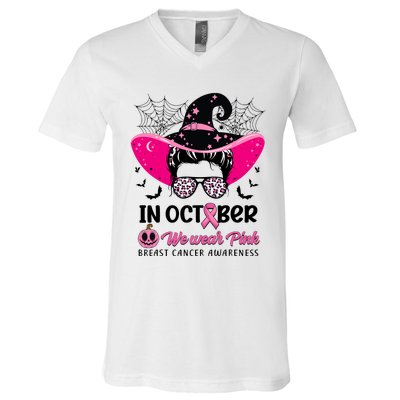 In October Wear Pink Breast Cancer Awareness Witch Halloween Costume V-Neck T-Shirt