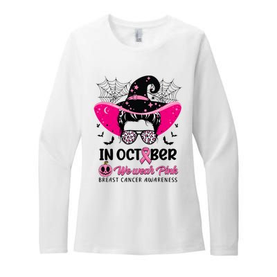 In October Wear Pink Breast Cancer Awareness Witch Halloween Costume Womens CVC Long Sleeve Shirt