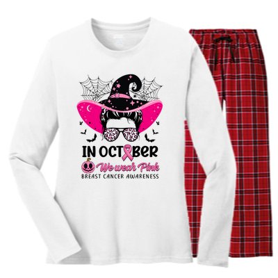 In October Wear Pink Breast Cancer Awareness Witch Halloween Costume Women's Long Sleeve Flannel Pajama Set 