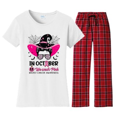 In October Wear Pink Breast Cancer Awareness Witch Halloween Costume Women's Flannel Pajama Set