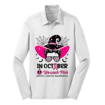 In October Wear Pink Breast Cancer Awareness Witch Halloween Costume Silk Touch Performance Long Sleeve Polo