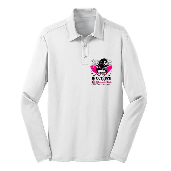 In October Wear Pink Breast Cancer Awareness Witch Halloween Costume Silk Touch Performance Long Sleeve Polo