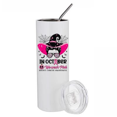 In October Wear Pink Breast Cancer Awareness Witch Halloween Costume Stainless Steel Tumbler