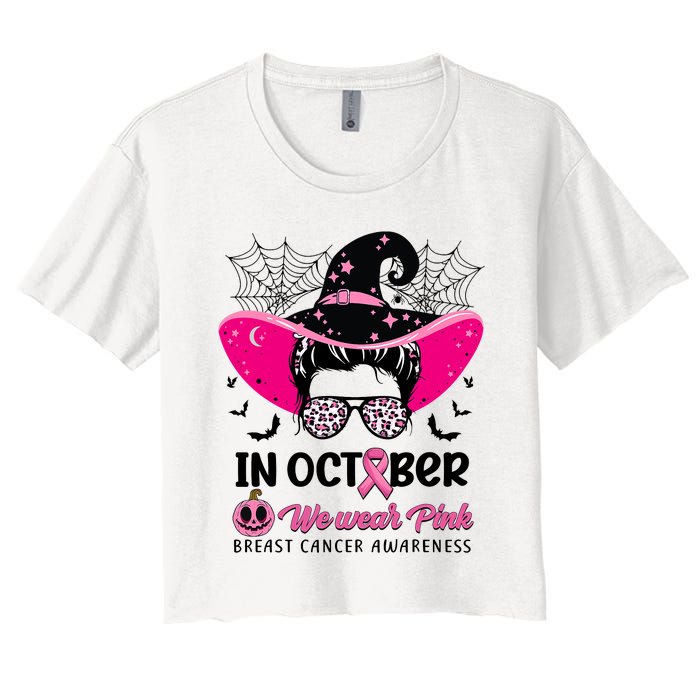 In October Wear Pink Breast Cancer Awareness Witch Halloween Costume Women's Crop Top Tee