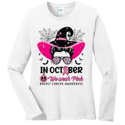 In October Wear Pink Breast Cancer Awareness Witch Halloween Costume Ladies Long Sleeve Shirt