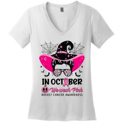 In October Wear Pink Breast Cancer Awareness Witch Halloween Costume Women's V-Neck T-Shirt