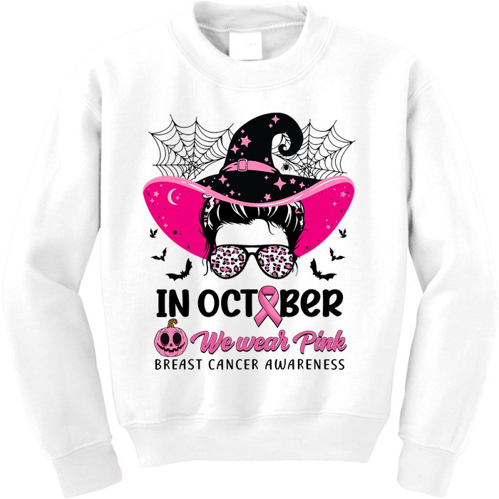 In October Wear Pink Breast Cancer Awareness Witch Halloween Costume Kids Sweatshirt