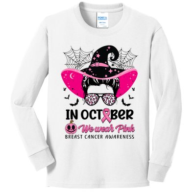 In October Wear Pink Breast Cancer Awareness Witch Halloween Costume Kids Long Sleeve Shirt