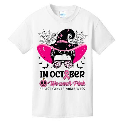 In October Wear Pink Breast Cancer Awareness Witch Halloween Costume Kids T-Shirt