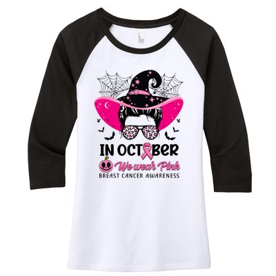 In October Wear Pink Breast Cancer Awareness Witch Halloween Costume Women's Tri-Blend 3/4-Sleeve Raglan Shirt