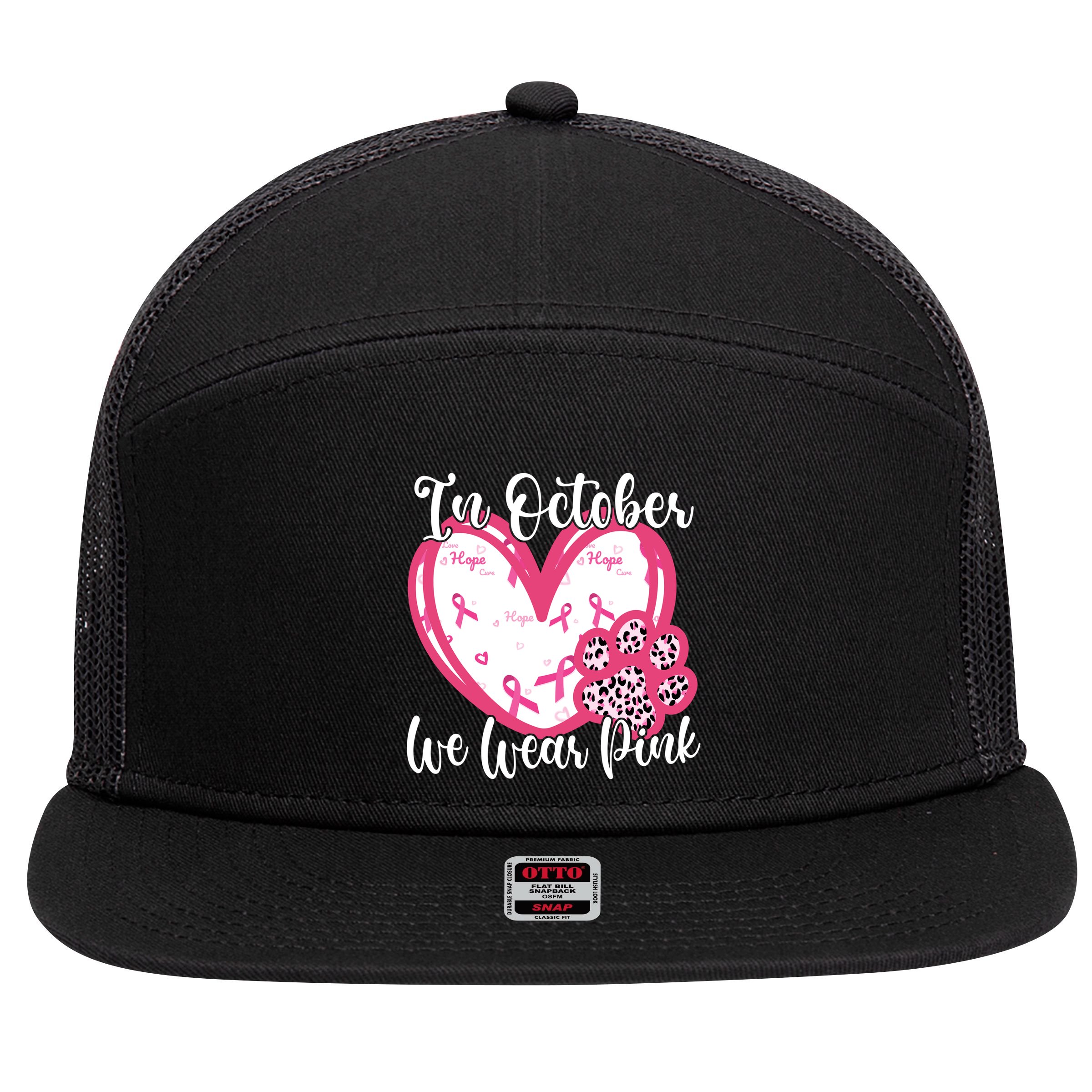 In October We Wear Pink Breast Cancer Paw Print Heart 7 Panel Mesh Trucker Snapback Hat