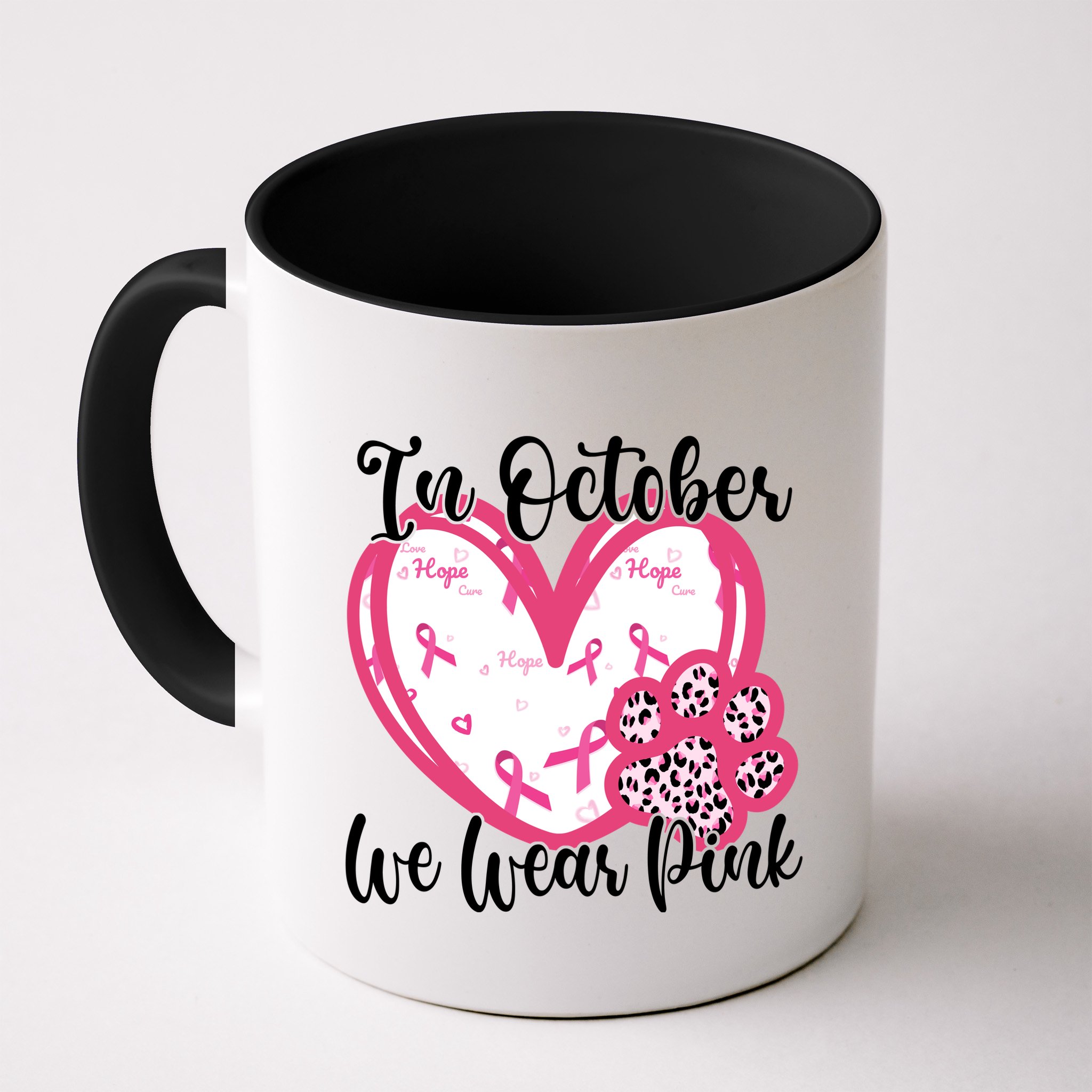 In October We Wear Pink Breast Cancer Paw Print Heart Mug