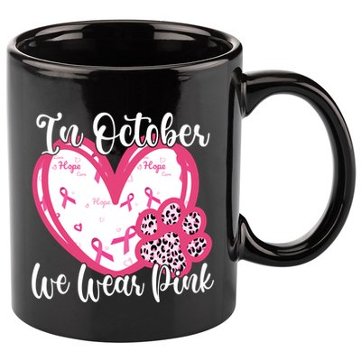 In October We Wear Pink Breast Cancer Paw Print Heart 11oz C Handle Ceramic Mug
