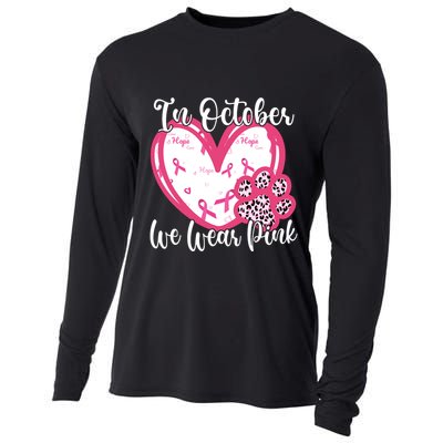 In October We Wear Pink Breast Cancer Paw Print Heart Cooling Performance Long Sleeve Crew