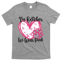 In October We Wear Pink Breast Cancer Paw Print Heart T-Shirt