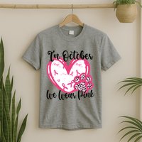 In October We Wear Pink Breast Cancer Paw Print Heart T-Shirt