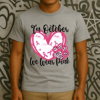 In October We Wear Pink Breast Cancer Paw Print Heart T-Shirt