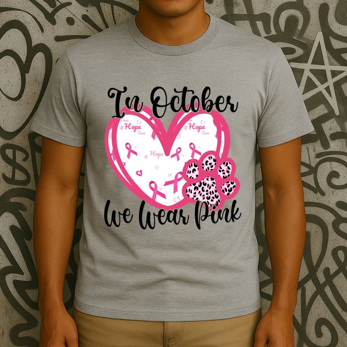 In October We Wear Pink Breast Cancer Paw Print Heart T-Shirt