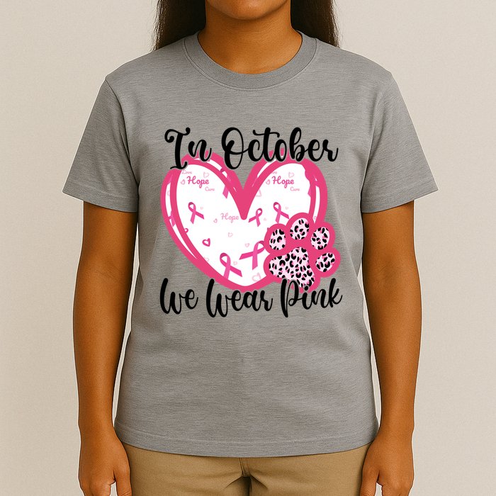 In October We Wear Pink Breast Cancer Paw Print Heart T-Shirt