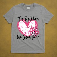 In October We Wear Pink Breast Cancer Paw Print Heart T-Shirt
