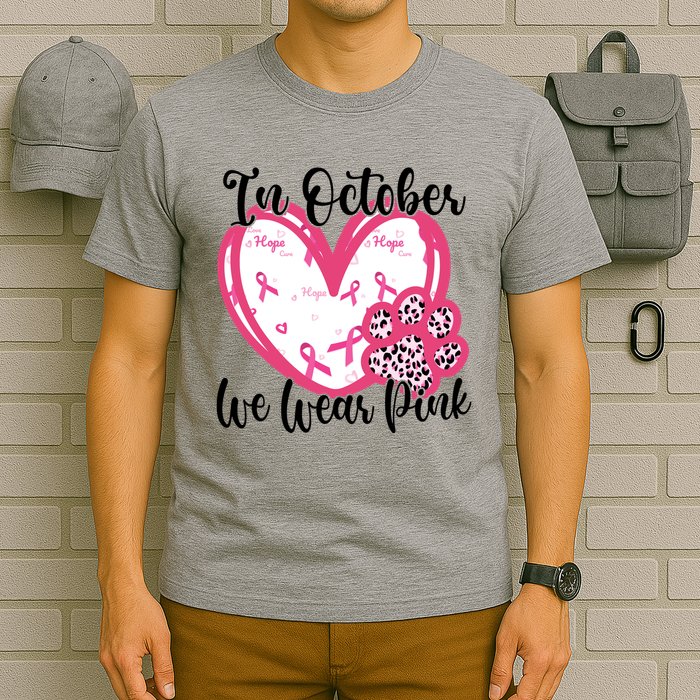 In October We Wear Pink Breast Cancer Paw Print Heart T-Shirt