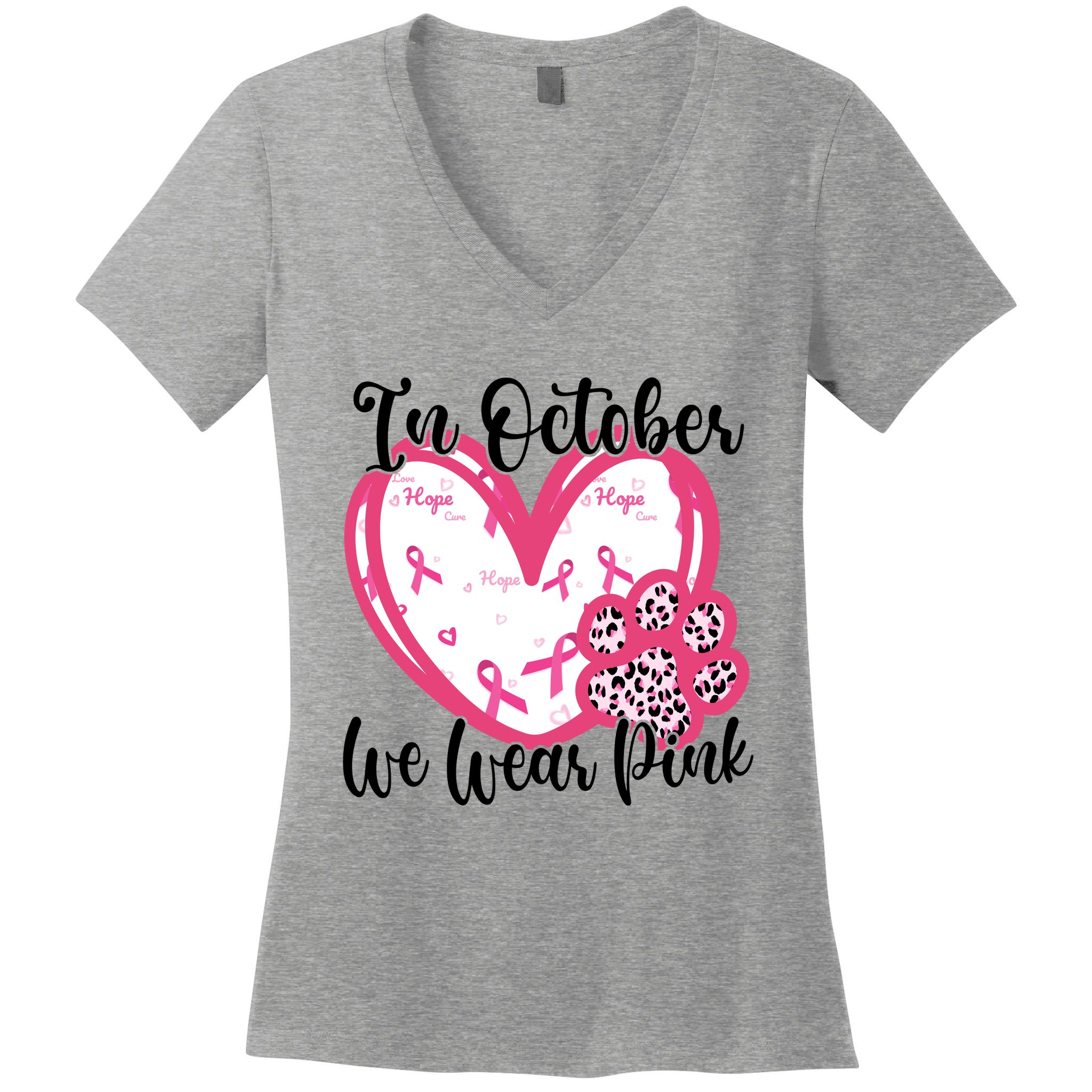 In October We Wear Pink Breast Cancer Paw Print Heart Women's V-Neck T-Shirt