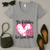 In October We Wear Pink Breast Cancer Paw Print Heart Women's V-Neck T-Shirt