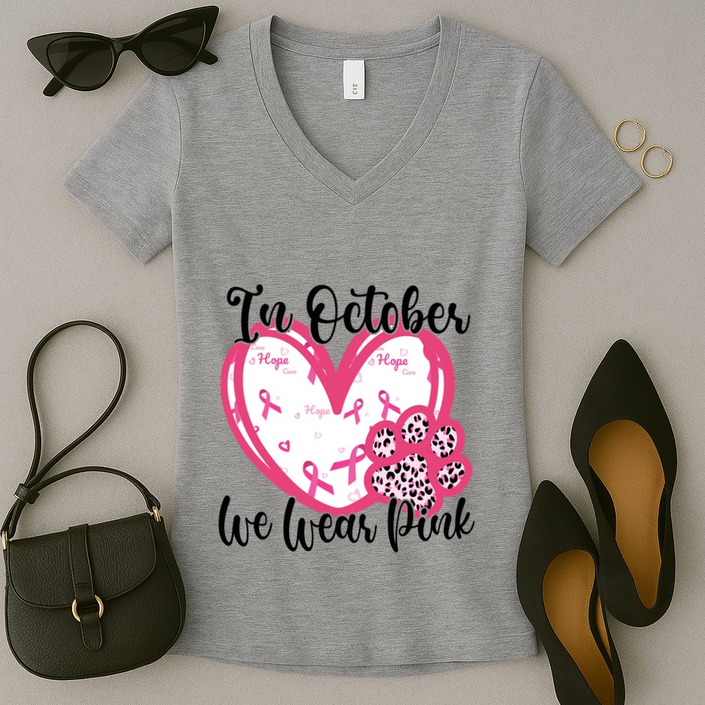 In October We Wear Pink Breast Cancer Paw Print Heart Women's V-Neck T-Shirt