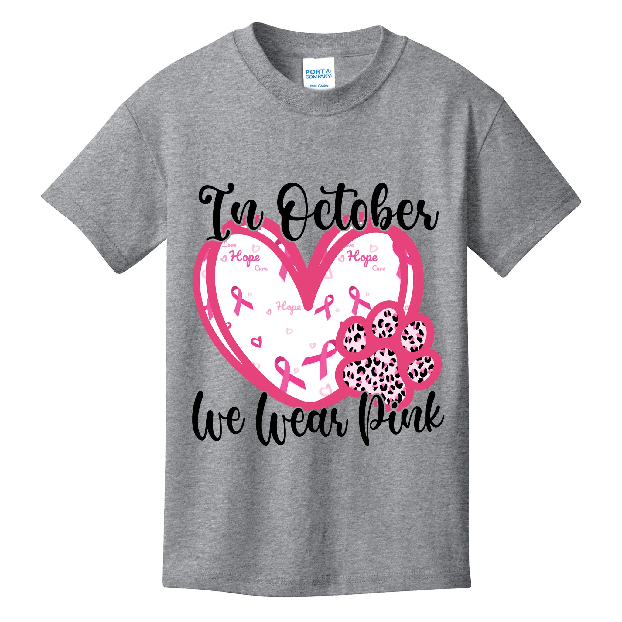 In October We Wear Pink Breast Cancer Paw Print Heart Kids T-Shirt