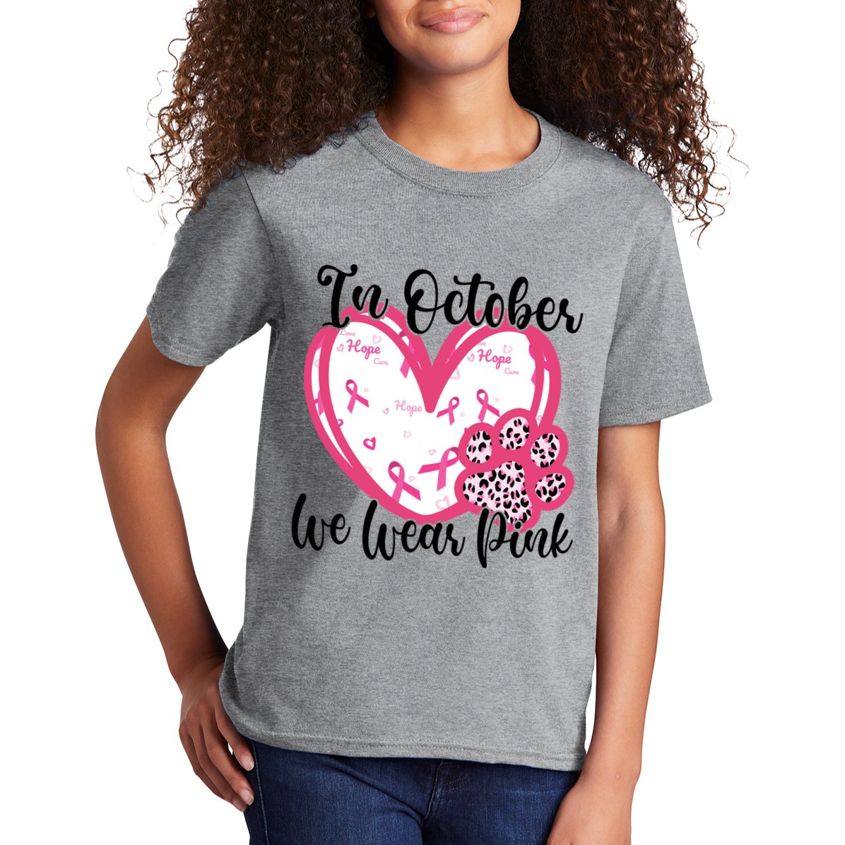 In October We Wear Pink Breast Cancer Paw Print Heart Kids T-Shirt