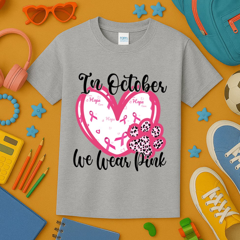 In October We Wear Pink Breast Cancer Paw Print Heart Kids T-Shirt