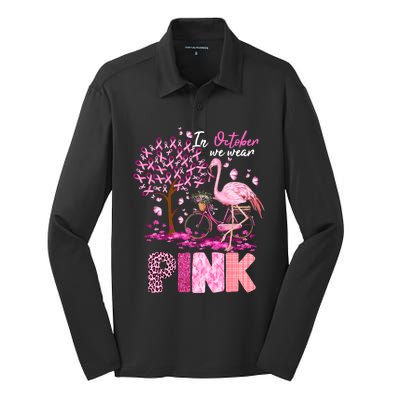 In October We Wear Pink Ribbon Cute Flamingo Breast Cancer Silk Touch Performance Long Sleeve Polo