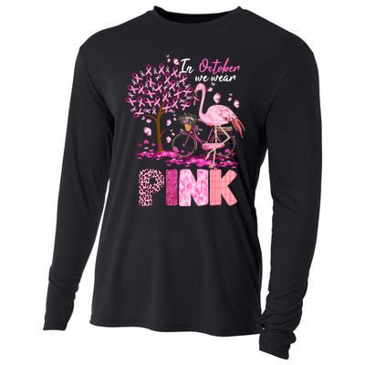 In October We Wear Pink Ribbon Cute Flamingo Breast Cancer Cooling Performance Long Sleeve Crew