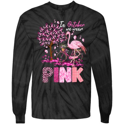 In October We Wear Pink Ribbon Cute Flamingo Breast Cancer Tie-Dye Long Sleeve Shirt