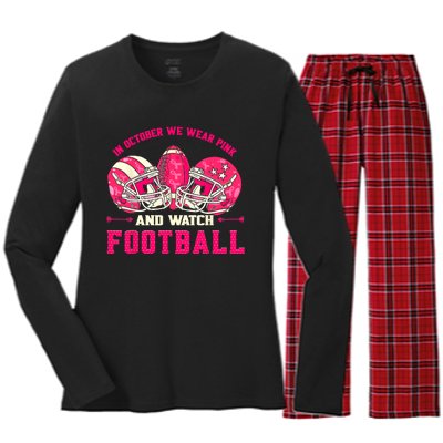 In October We Wear Pink And Watch Football Breast Cancer Women's Long Sleeve Flannel Pajama Set 