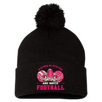 In October We Wear Pink And Watch Football Breast Cancer Pom Pom 12in Knit Beanie