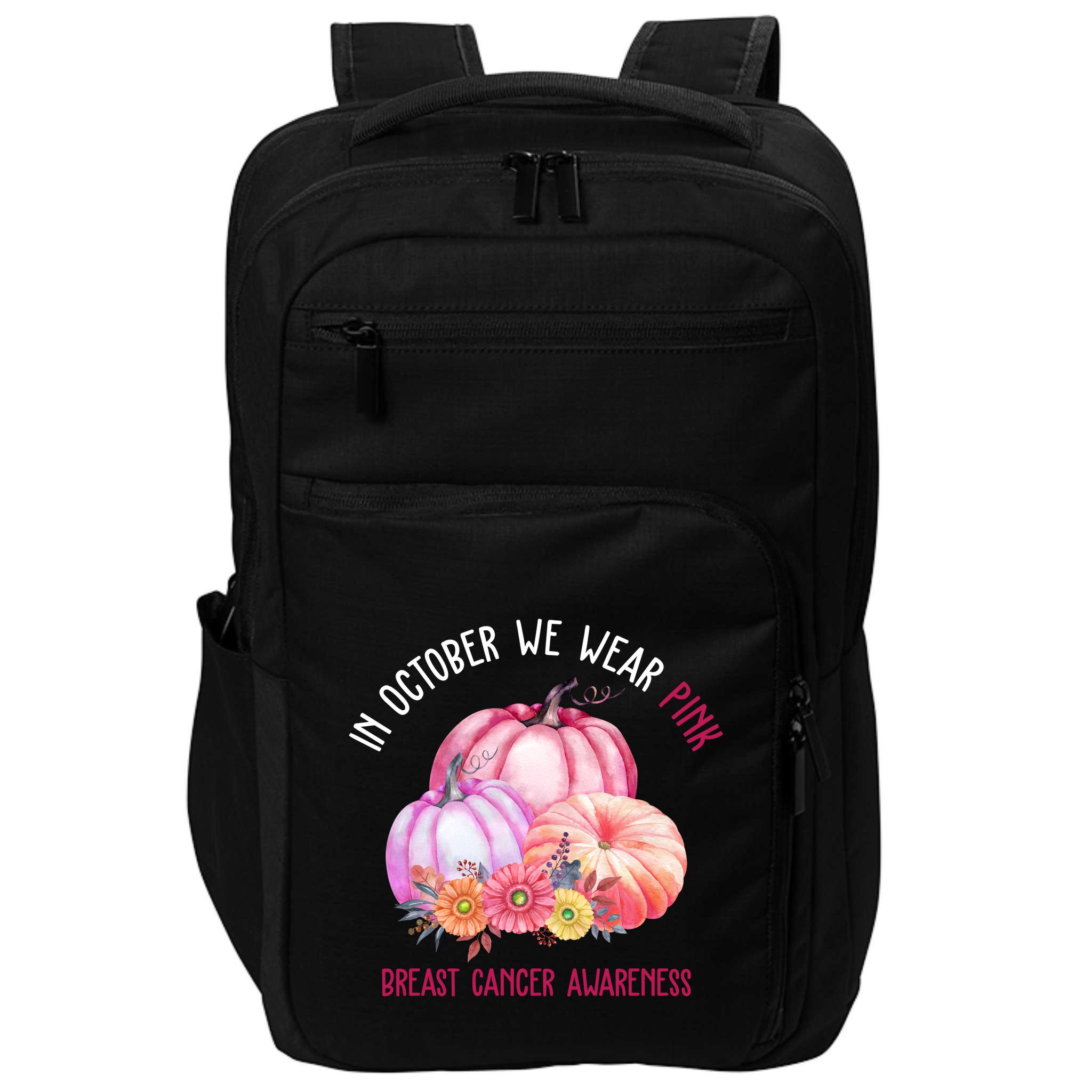 In October We Wear Pink Breast Cancer Awareness Pumpkin Fall Impact Tech Backpack